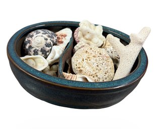 Blue Glazed Pottery Bowl Full Of Corral & Seashells