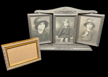 Antique Swiveling Picture Frame With Photographs & Smaller Gilded Frame (B)