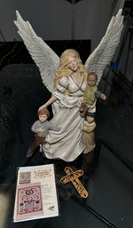 Guardian Angel Large Sculpture, Wooden Cross & Religious Decor (B)
