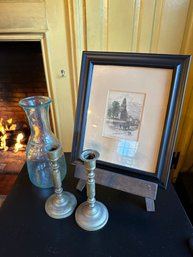 Marblehead Old North Church Wood Engraving Brass Candlesticks And Bottle (DRC1)
