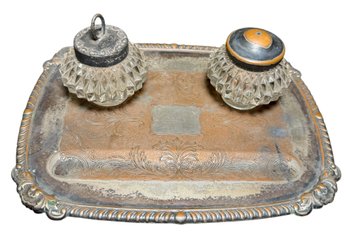 Antique Crystal Inkwell Pen Tray Sterling Silver & Silver Plate Set (B)