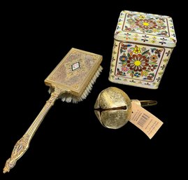 Antique Handheld Gilded Hair Brush, Bell Bottle Stopper & English Floral Tin (B)