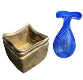 Swirled Blue Art Glass Vase & Pottery Trinket Dish