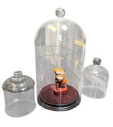 Glass Dome Trio With Wooden Base & Figurine (B)