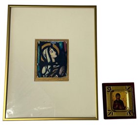 Signed And Framed Watercolor Women Praying Print & Byzantine Saint Paraskevi Reproduction Icon Plaque 2pc(BR1)
