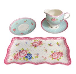 Vivian By Maxcera Floral Tray, Saucers & Creamer 4pc
