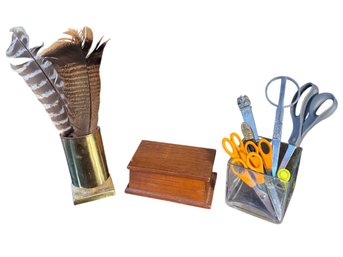 Brass Pen Holder, Wooden Trinket Box & Office Supplies (K)