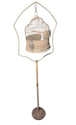 Antique Cast Iron Standing Dome Bird Cage With Glass Feeder