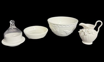 Covered Serving Dish, Chicken Bowl, Creamer & Plant Stand 4pc