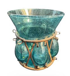 Blue Blown Glass & Iron Bubbled Candle Holder (LR)