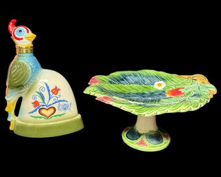 Majolica Style Pedestaled Cake Plate Stand & Jim Beam Pennsylvania Dutch Peacock Decanter