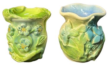 Signed Handmade Small Green Floral Pottery Vase Pair