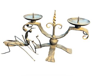 Wrought Iron Double Arm Candelabra & Metal Bug Figurine (LR)