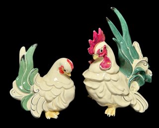 Kay Finch Signed Pottery Rooster & Chicken 1950s Handmade Art (LR)