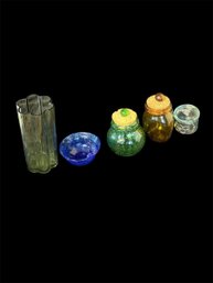 Green And Amber Biot Blown Glass Jars, Silver Toned Honey Bee Jar And Glassware (k)