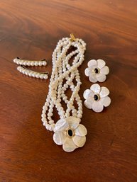 Fresh Water Pearl, Flower Necklace, Shell Clip Earrings, Faux Pearl Hair Pins