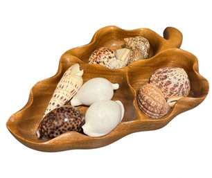 Wooden Leaf Shaped Divided Dish Full Of Seashells (H1)