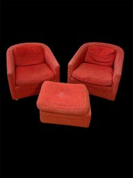 Orange Upholstered Barrel Back Swivel Chair Pair With Ottoman  (LR)