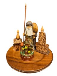 Carved Wooden Santa Claus, Russian Houses & Wooden Plates 7pc (H1)