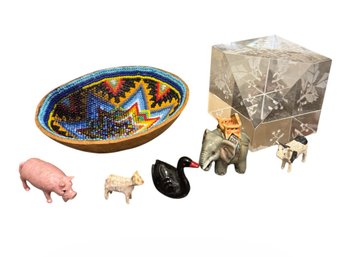 Mini Animal Figurines, Beaded Dish & Glass Paperweight (H1)