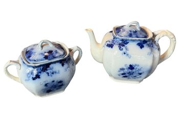 Antique Blue Flow China Teapot & Sugar Dish (K)