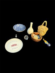 Glass Evil Eye, Wooden Indian Bowl, Basket Of Shells And Assorted Decor (LR)