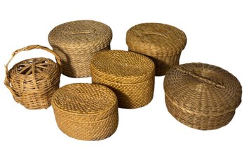 Lidded Woven Wicker Baskets 6pc (H1)