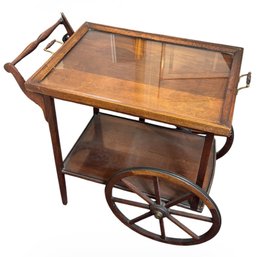 Antique Rolling Wooden Tea Cart With Glass Top Tray (K)