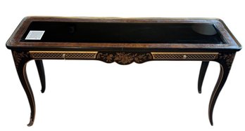 Drexel Heritage Chinoiserie Black Lacquer Beveled Smokey Glass Top Console Table (LR)