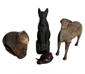 Egyptian Cat, Wooden Snail & Other Animal Figurines 5pc (BR1)