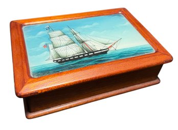 Clipper Ship Nautical Glass Mirrored Wooden Jewelry Box (BR2)