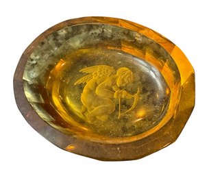 Amber Glass Etched Cherub Trinket Dish (K)
