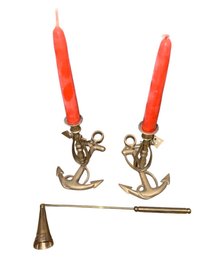 Nautical Brass Anchor Taper Candlestick Holders & Snuffer (BDR)