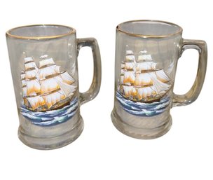 Sailing Clipper Ship Glass Beer Mug Pair (BDR)