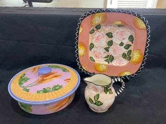 Droll Design Pitcher, Plate & Covered Casserole (K)