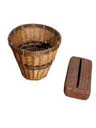 Italian Woven Tissue Box Cover And Woven Wicker Waste Basket  (H1)