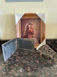 Picture Of Jesus, Silver Plate Frame, Brass Napkin Holder  (l)