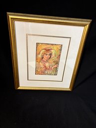 Fragment, Pastels And Gold Leafed Ink 'flora' By Edna Hibel