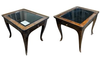 Drexel Heritage One Drawer Smoky Beveled Glass Top Side Table Pair (LR)