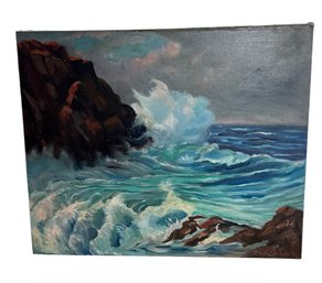 1950s Waves Crashing On Rocks Original Signed Painting On Canvas (B)