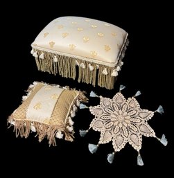 Tasseled Honey Bee Pattern Footstool & Pillow, Crocheted Lace Doily