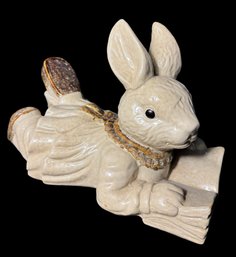 Glazed Reading Bunny Rabbit Statue
