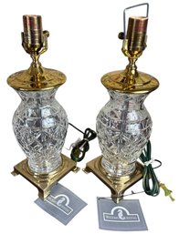 Waterford Wedgewood Crystal And Brass Table Lamp Pair With Shades Works! (DR)