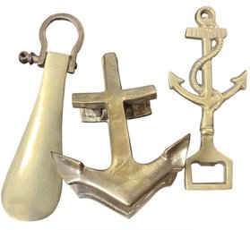Brass Nautical Bottle Opener, Anchor Clip, & Shoe Horn 3pc (BLR)