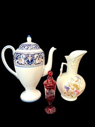 Lot Of 3 Wedgwood Coffee Pot, Porcelain Pitcher, Bohemian Ruby Glass
