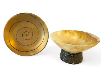 Alabaster Pedestal Bowl  With Sterling Silver (925) Base And Lyn Evans Plate