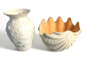 Shell Planter And Belleek Oak And Shamrock Vase