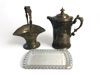 Bridal Silverplate Basket , Silverplate Pitcher And Glass Tray