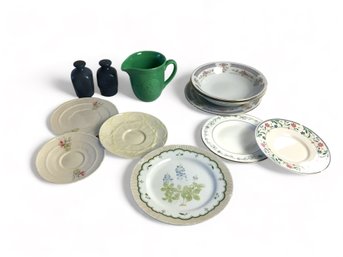 Salt And Pepper, Assorted Small Plates, Green Pitcher- Has A Chip