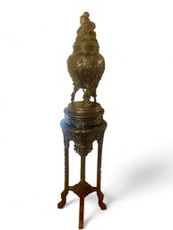 Carved Wood Pedestal & Bronze Urn